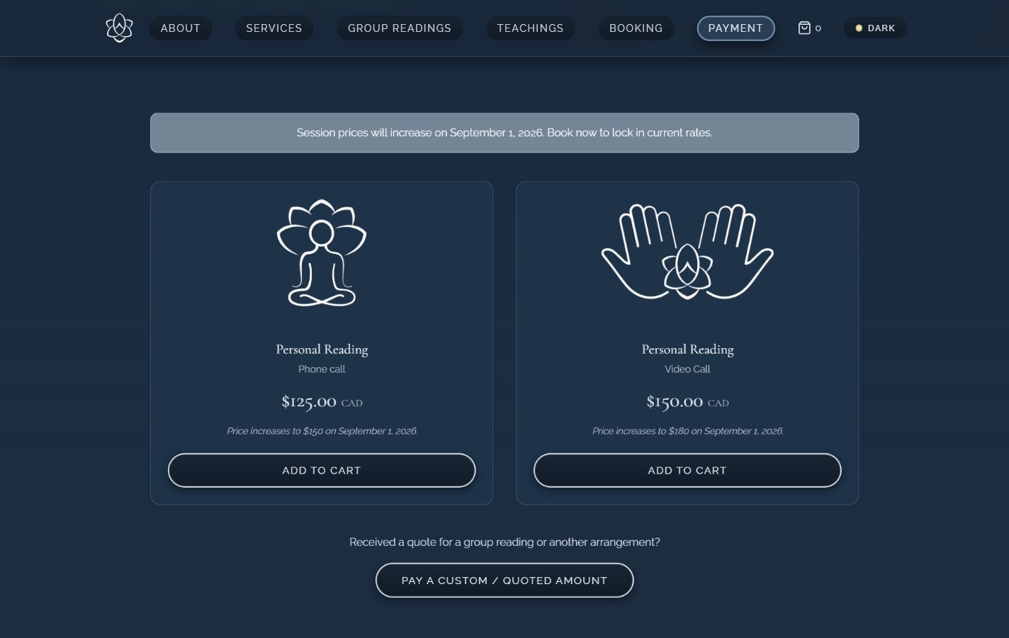 Real Intuitions payment page with session products, prices, and add to cart controls