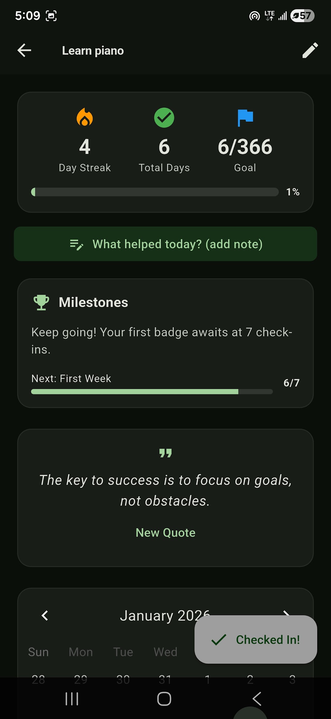StreakUp goal detail screen showing streak progress and milestones